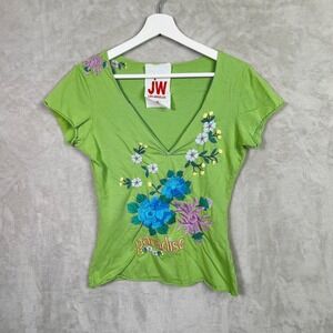 Johnny Was JW Los Angeles Green Embroidered Short Sleeved S V-Neck Top Shirt Y2K